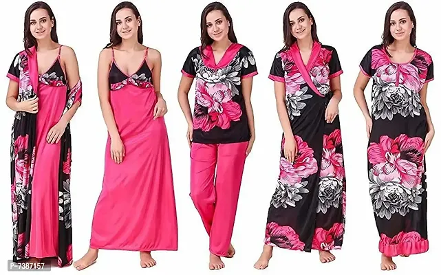 Elegant Satin Blend And Net Printed Nighty with Robe For Women - 5 Pieces-thumb0