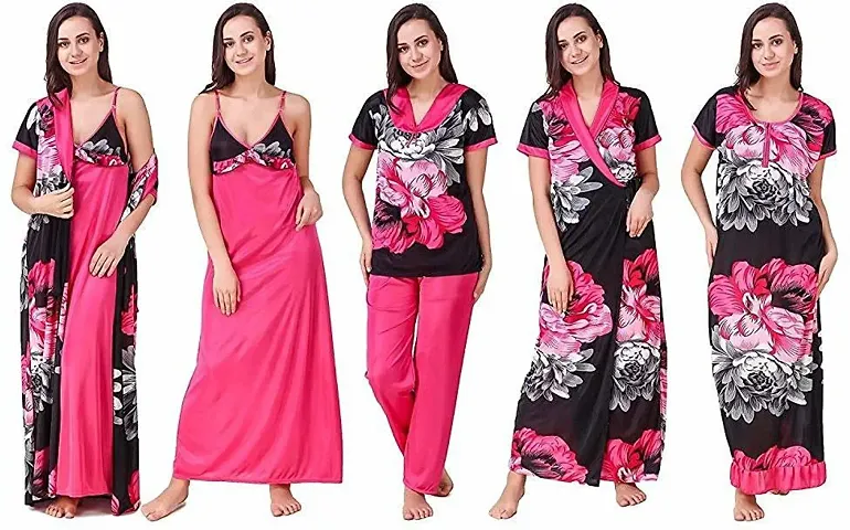 Elegant Satin Blend And Net Printed Nighty with Robe For Women - 5 Pieces