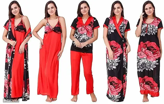 Elegant Satin Blend And Net Printed Nighty with Robe For Women - 5 Pieces