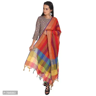 SANJH Women's Poly-Cotton Dupatta with Woven Border and Kantha Theme in The Middle (Multicolour; Free Size)-thumb3