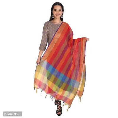 SANJH Women's Poly-Cotton Dupatta with Woven Border and Kantha Theme in The Middle (Multicolour; Free Size)-thumb0