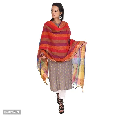 SANJH Women's Poly-Cotton Dupatta with Woven Border and Kantha Theme in The Middle (Multicolour; Free Size)-thumb4