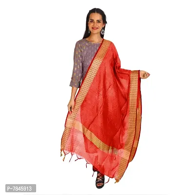 SANJH Women's Poly Cotton Striped Embossed Woven Golden Border and Beautiful Tassels Dupatta (Red, Free Size)