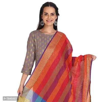 SANJH Women's Poly-Cotton Dupatta with Woven Border and Kantha Theme in The Middle (Multicolour; Free Size)-thumb2