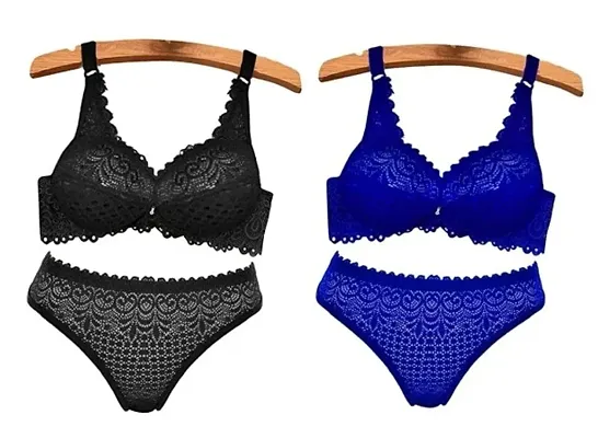 Womens Lace Lingerie Set for Honymoon, Bridal, Push-up Bra Panty Set and Swimwear Pack of 2pcs