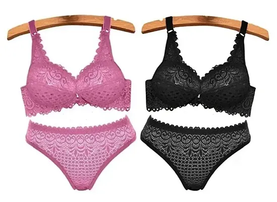 Womens Lace Lingerie Set for Honymoon, Bridal, Push-up Bra Panty Set and Swimwear Pack of 2pcs