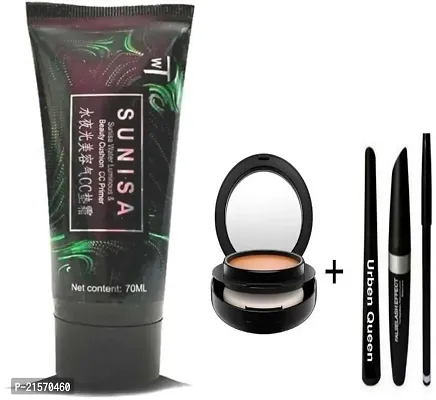 Eyebrow Pencil Black  Liquid EyeLiner  Mascara PLUS FACE COMPACT POWDER PLUS Sunisa CC Air Cushion Primer Korean Mushroom Head Cosmetic Waterproof Primer - 70 ml  ( pack of 3 )