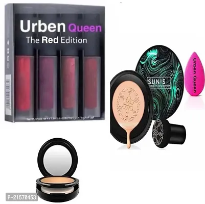 Set Of 4 Red Edition Liquid Lipsticks and Sunis BB Cream Air Cushion Foundation And a face compact And a Blendar Puff ( Set Of 4 )-thumb0