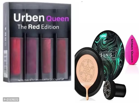 Set Of 4 Red Edition Liquid Lipsticks and Sunis BB Cream Air Cushion Foundation And a Blendar Puff ( Set Of 3 )