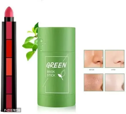 Creamy Matte 5 in 1 Lipsticks +Green Tea Purifying Clay Stick Mask Oil Control Anti Acne Eggplant Cleaning Solid Mask