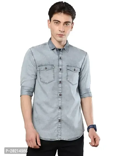 Mens Shirts Full Sleeve Denim Double Pockets Regular Fit Heavy Casual Shirt  For Men Everyday Wear, Dark Blue -