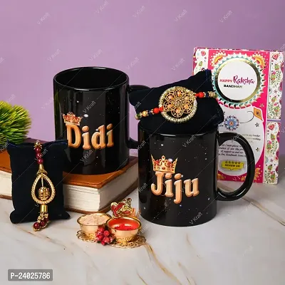 V Kraft King JIJU Queen DIDI Printed Black Color Coffee Mug with Designer Rakhi for didi jiju with roli chawal and Rakhi Special Wishes Card |330 ml (Black 04)