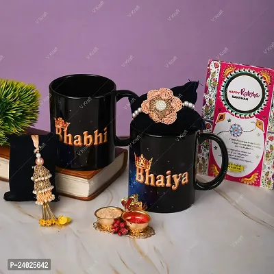 V Kraft King BHAIYA Queen BHABHI Printed Black Color Coffee Mug with Designer Rakhi for bhaiya bhabhi with roli chawal and Rakhi Special Wishes Card |330 ml (Black 02)-thumb0