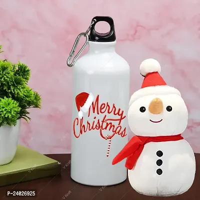 V Kraft CHRISTMAS SPECIAL MERRY CHRISTMAS PRINTED SIPPER BOTTLE WITH CUTE LOVABE HUGABLE SNOWMAN SOFT TOY for your loved once on this special occassion of christmas | 600 ml (merry christmas 03)