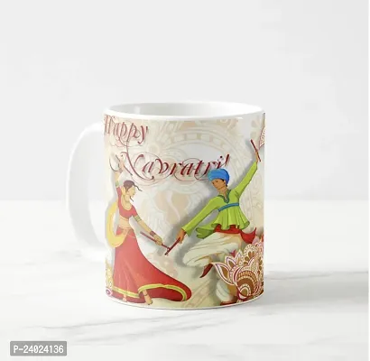 V Kraft Happy Navratri Dancing Couple White Ceramic Mug with Handle Gift for Anyone On Any Occasion | Coffee Mug  Tea Cup | Pack of 1, 330ml