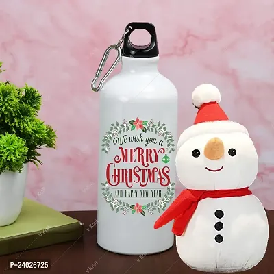 V Kraft CHRISTMAS SPECIAL MERRY CHRISTMAS PRINTED SIPPER BOTTLE WITH CUTE LOVABE HUGABLE SNOWMAN SOFT TOY for your loved once on this special occassion of christmas | 600 ml (merry christmas 07)