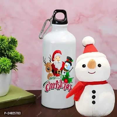 V Kraft CHRISTMAS SPECIAL MERRY CHRISTMAS PRINTED SIPPER BOTTLE WITH CUTE LOVABE HUGABLE SNOWMAN SOFT TOY for your loved once on this special occassion of christmas | 600 ml (merry christmas 08)