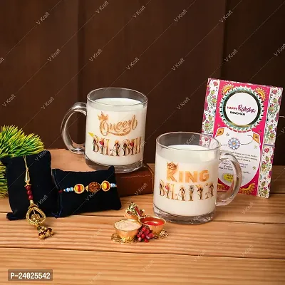 V Kraft King BHAIYA Queen BHABHI Printed Unique Transparent Glass Coffee Mug with Designer Rakhi for bhaiya bhabhi with roli chawal and Rakhi Special Wishes Card |330 ml (Transparent Glass 04)