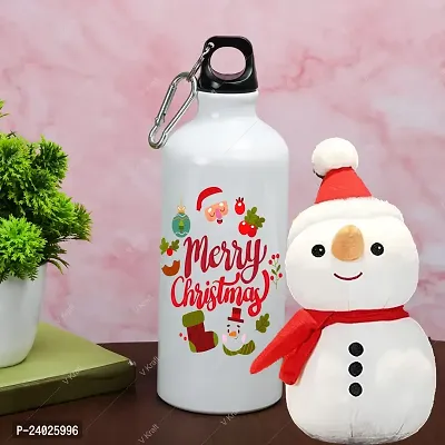 V Kraft CHRISTMAS SPECIAL MERRY CHRISTMAS PRINTED SIPPER BOTTLE WITH CUTE LOVABE HUGABLE SNOWMAN SOFT TOY for your loved once on this special occassion of christmas | 600 ml (merry christmas 09)