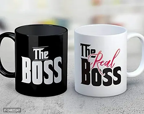 V Kraft The boss The Real boss Couple Matching Mug Set of 2 Multi Colour Ceramic Mug with Handle Gift for Anyone On Any Occasion | Coffee Mug  Tea Cup | Pack of 2, 330ml
