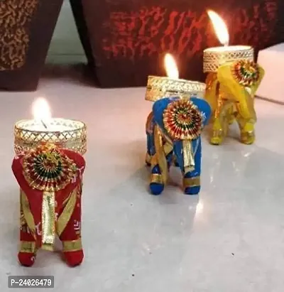 V Kraft Handmade Clay Diyas for Puja Diwali Decoration Candle Holder/Stand Puja Purpose, Diya for Puja Handpainted Candles/Candle Holder for Home Diwali Decoration (Elephant Tea Holder Pack of 10)-thumb2