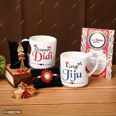 V Kraft King JIJU Queen DIDI Printed Heart Shape Inner Cut Coffee Mug with Designer Rakhi for didi jiju with roli chawal and Rakhi Special Wishes Card |330 ml