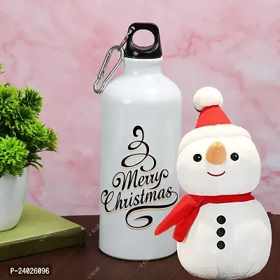 V Kraft CHRISTMAS SPECIAL MERRY CHRISTMAS PRINTED SIPPER BOTTLE WITH CUTE LOVABE HUGABLE SNOWMAN SOFT TOY for your loved once on this special occassion of christmas | 600 ml (merry christmas 06)