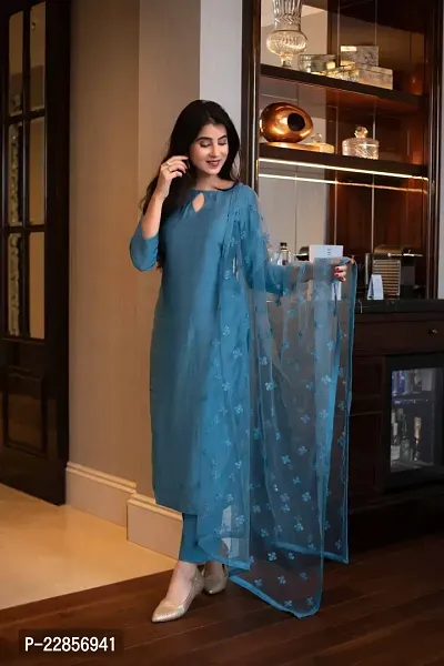 Stylish Fancy Designer Cotton Kurta With Bottom Wear And Dupatta Set For Women-thumb0