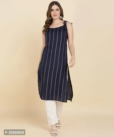 Stylish Navy Blue Viscose Rayon A-Line Striped Stitched Kurti For Women-thumb0