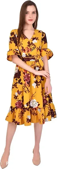 ARUTY Gown V Neck Crepe Blend Yellow Casual Gown for Women-thumb0
