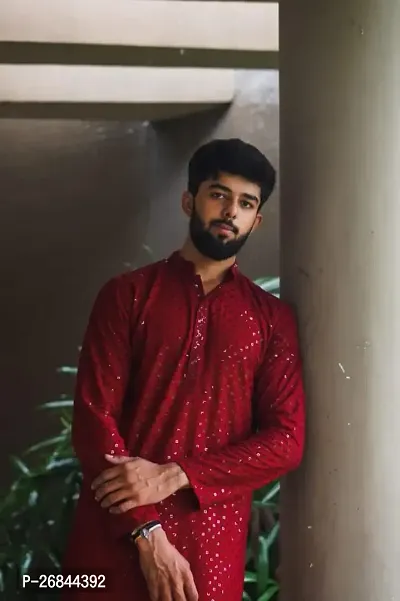 Stylish Maroon Rayon Embroidered Kurtas For Men