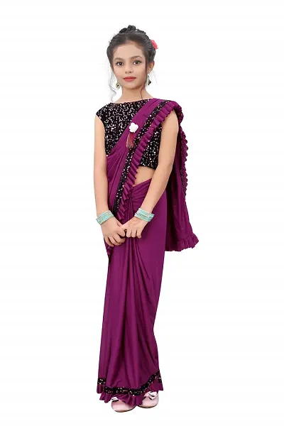 Fly By Night Girls Embelished Pattern Lycra Bollywood Style Banarasi Silk Saree With Unstitched Blouse Piece For Girls