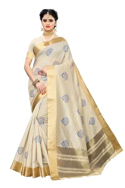 MISILY women's Floral and Zari Printed Beige Kerala Cotton South Silk Saree Collection for wedding with blouse piece