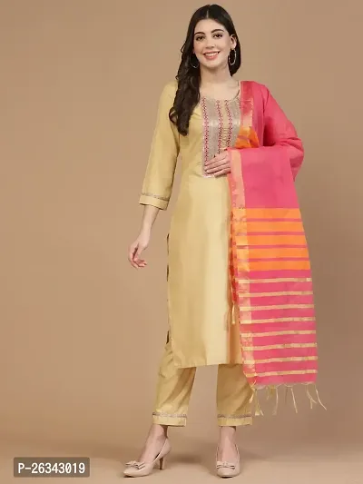 Trendy Printed Cotton Blend Straight Kurta Pant Dupatta Set For Women