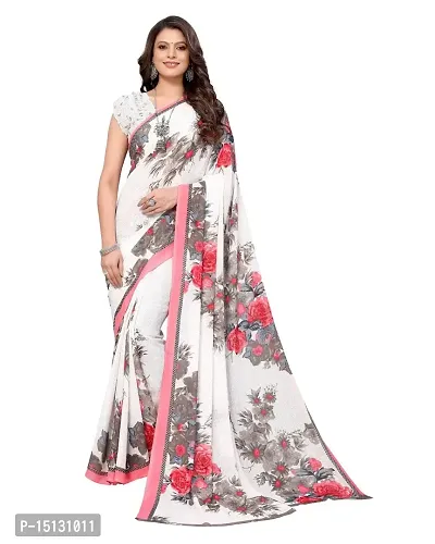 Priyashi Women's White  Red Floral Printed Georgette Saree with Unstitched Blouse Piece(APSARA White_W_Free Size)