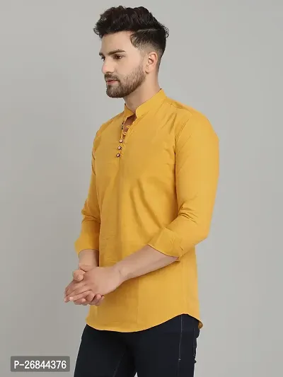Stylish Yellow Cotton Solid Kurtas For Men-thumb0