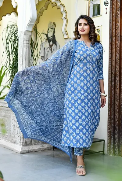 Trendy Printed Cotton Blend Straight Kurta Dupatta Set For Women