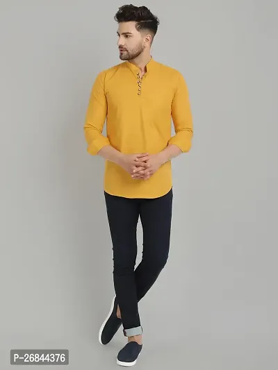 Stylish Yellow Cotton Solid Kurtas For Men-thumb5