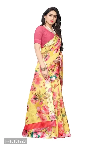 Priyashi Womens Printed Linen Saree with Blouse Piece(SONAKSHI 12 Yellow_Free Size) 1-thumb3