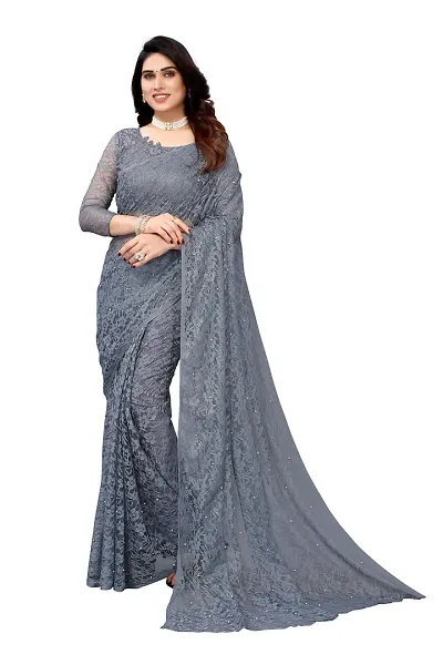 Priyashi Womens Solid Net Saree With Blouse Piece