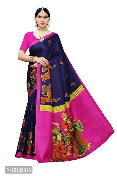 Priyashi Knit Womens Art Silk Printed Saree with Blouse Piece(RAJARANI Navy_Free Size)-thumb0