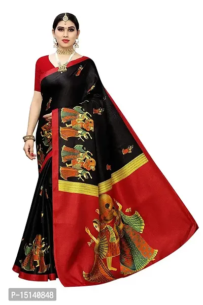 Priyashi Knit Womens Art Silk Printed Saree with Blouse Piece(RAJARANI Black_Free Size)