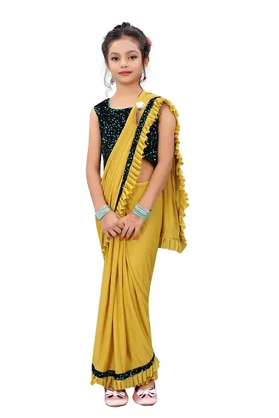 Fly By Night Girls Embelished Pattern Lycra Bollywood Style Banarasi Silk Saree With Unstitched Blouse Piece For Girls
