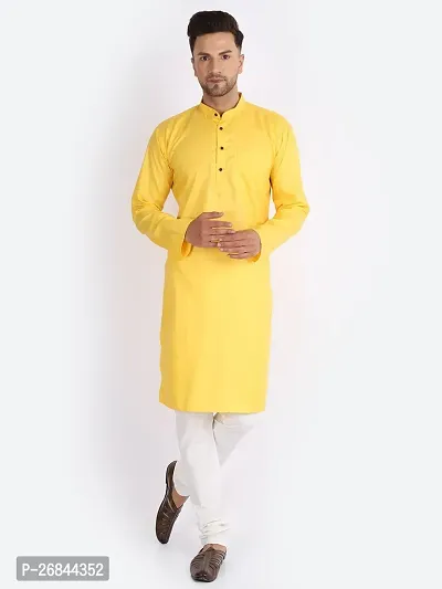 Stylish Yellow Cotton Blend Solid Kurtas For Men-thumb5