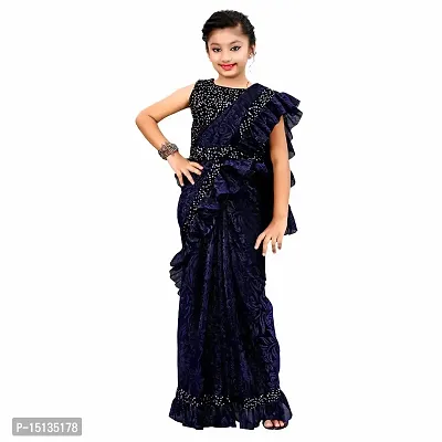 Priyashi Girl's Kids Lycra Blend Redy to Wear Saree with Sequence Blouse Pice(KIDS01 Navy Blue 4-5 (S))