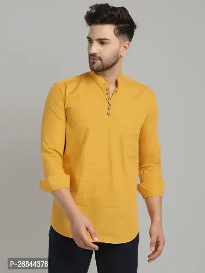 Stylish Yellow Cotton Solid Kurtas For Men-thumb2