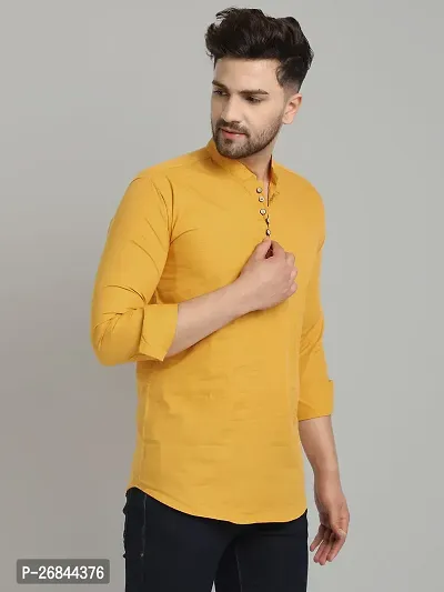 Stylish Yellow Cotton Solid Kurtas For Men-thumb3