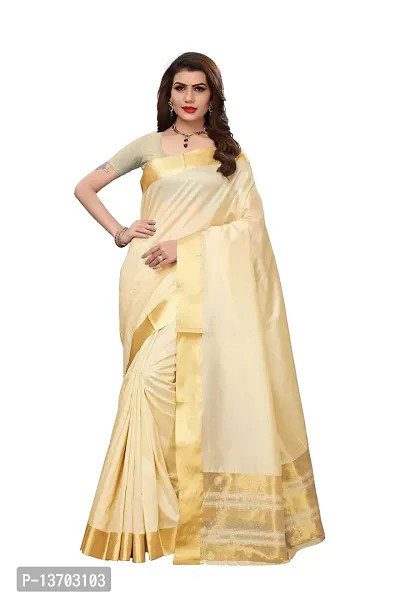 Stylish Cotton Blend Saree With Blouse Piece For Women-thumb0