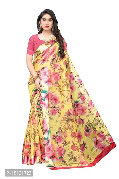 Priyashi Womens Printed Linen Saree with Blouse Piece(SONAKSHI 12 Yellow_Free Size) 1-thumb0