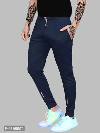 Trendy Navy Blue Synthetic Solid Regular Fit Regular Track Pants For Men
